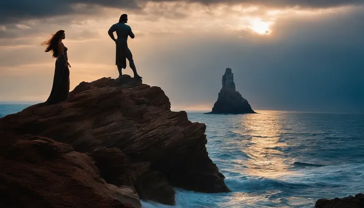 Athena and Poseidon standing on a cliff, com vista para um vasto oceano. Athena, with his piercing blue eyes and flowing silver hair, exudes wisdom and grace. Poseidon, with her bold red hair and powerful presence, encarna o poder do mar. The scene is beau...