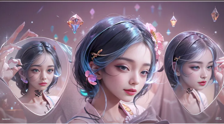 1girll,（enchanced quality：1.4），（Top quality true texture skin), Delicate face,Black hair, Gradient hair, Petite body,（perfect bodies：1.1）, There are precious stones on the forehead, rimless eyewears, Sparkling pupils，long eyelasher,grin, hyper photorealism...