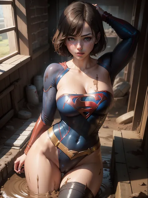 ​masterpiece、Short-haired Supergirl fell into a quagmire、large full breasts、Looking at the camera、Glossy costume、Crotch、Mud stains、Covered in mud、wounded