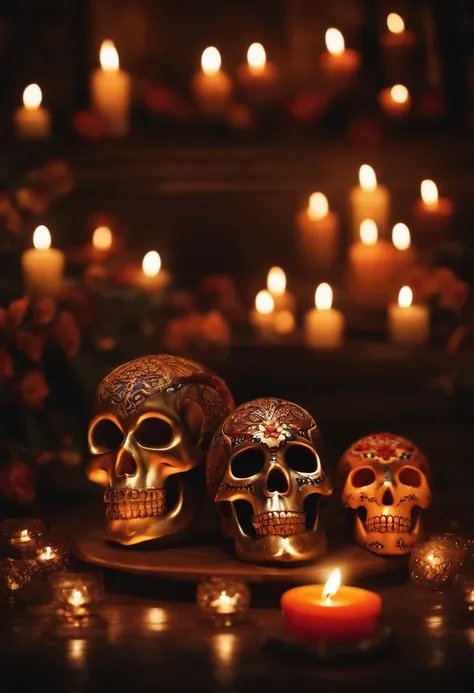 A realistic background without people dia de las muertos nigth with candles lights with mexican skulls