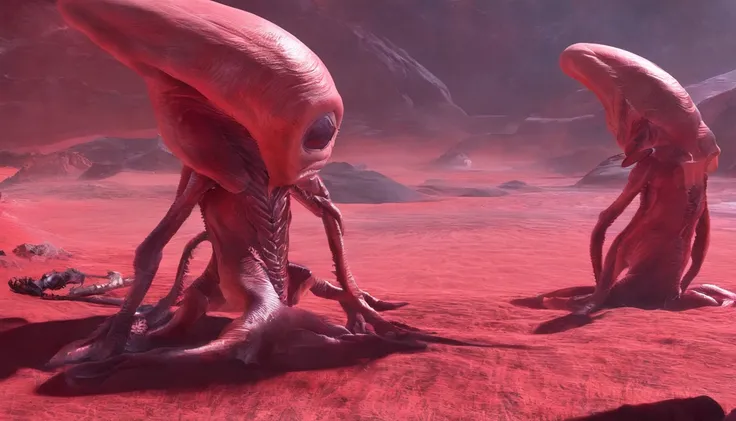 （Two aliens are planting a bright red alien plant on a barren planet1.3），A physique and appearance that is very different from that of humans，A real sense of oppression，Super textured，Super light and shadow，realisticlying，close-up all over the body，Peculia...