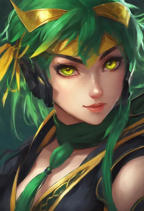 Anime girl ninja with green hair and yellow eyes