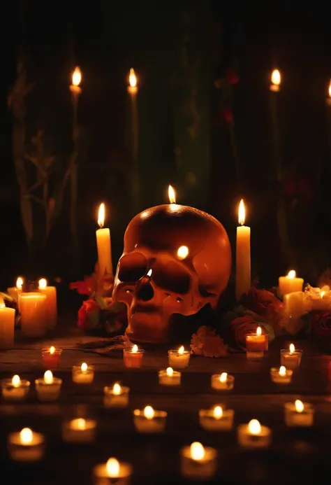 A realistic background without people dia de las muertos nigth with candles lights with mexican skulls