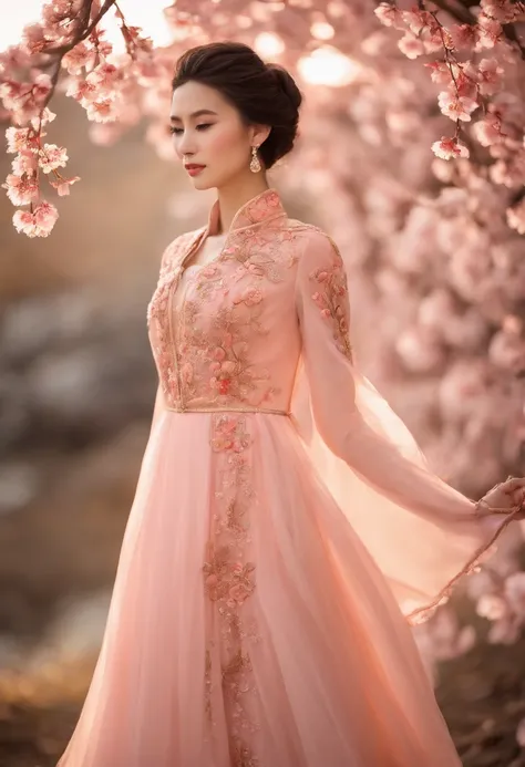 Costume girl，Everyone wore light pink peach blossom embroidered dresses