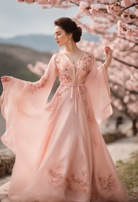 Costume girl，Everyone wore light pink peach blossom embroidered dresses