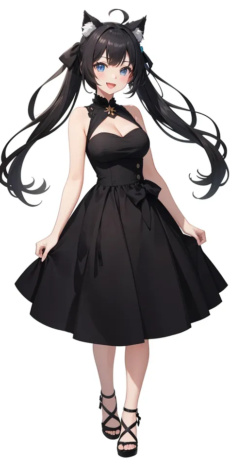 Full body,((Upright)), ((Arms at sides)), Looking at Viewer, simple background、White background, 1girl in, Open mouth, Smile, Virtual Youtuber、girl with、((Best Quality, high_resolution, Distinct_image)),(Black hair), (Black cat ears), (Ahoge), (absurdly sh...