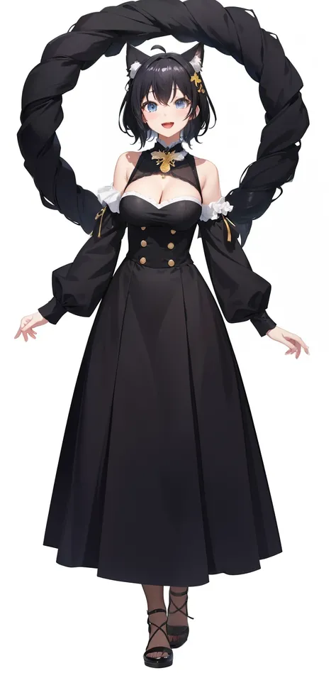 Full body,((Upright)), ((Arms at sides)), Looking at Viewer, simple background、White background, 1girl in, Open mouth, Smile, Virtual Youtuber、girl with、((Best Quality, high_resolution, Distinct_image)),(Black hair), (Black cat ears), (Ahoge), (absurdly sh...