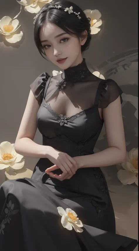 ((Best Quality))), (8K picture quality), ((Masterpiece)), (Very sophisticated、Beautiful fece), (wearing dresses) , (1womanl), (black-short-hair), ((Bright dresses)), with floral pattern, Silk Fabric, 电影灯光, Gentle facial expressions, (A slight smil:1.3), ((...