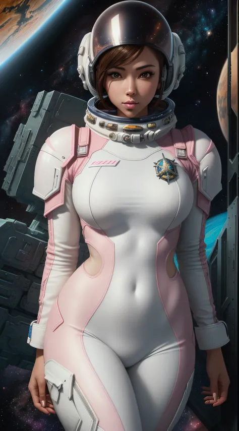 "(Highest image quality), (incredibly detailed), (photo-realistic:1.1) depicting a female space marine cadet, skin tight skimpy space suit, white and pink space suit, erotic, seductive, sleek futuristic helmet, beautiful face, space, universe, strange plan...