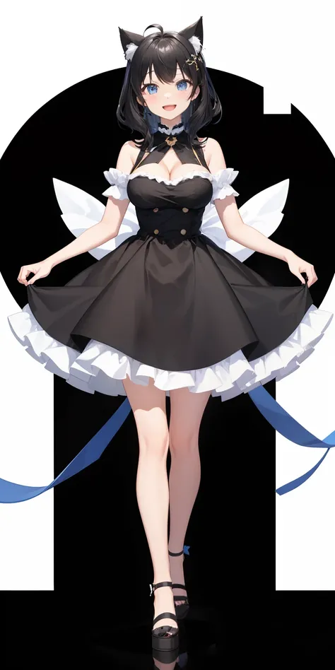 Full body,((Upright)), ((Arms at sides)), Looking at Viewer, simple background、White background, 1girl in, Open mouth, Smile, Virtual Youtuber、girl with、((Best Quality, high_resolution, Distinct_image)),(Black hair), (Black cat ears), (Ahoge), (absurdly sh...