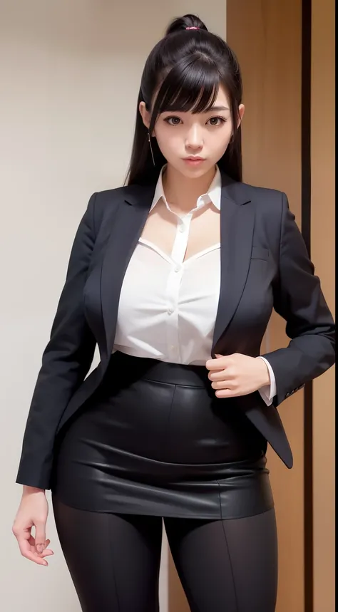 Japan beauty woman wearing business shirt and tight skirt,Full-body figure,tthin eyebrows,A dark-haired,pony tail hair,Bangs are bangs,Huge breasts,meaty legs,Cleavage looks modest