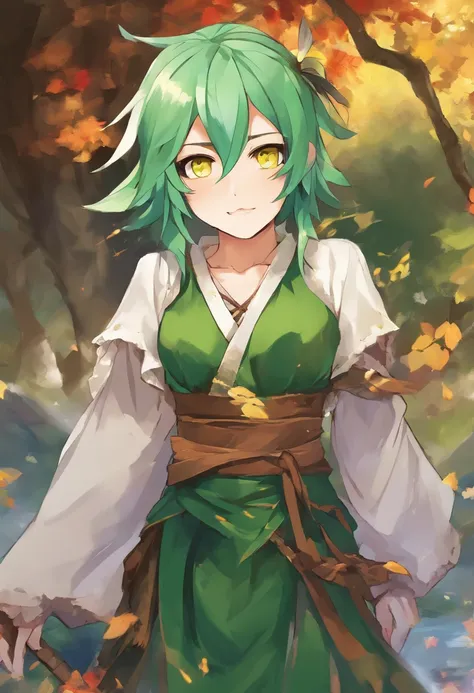 Anime girl ninja with green hair and yellow eyes