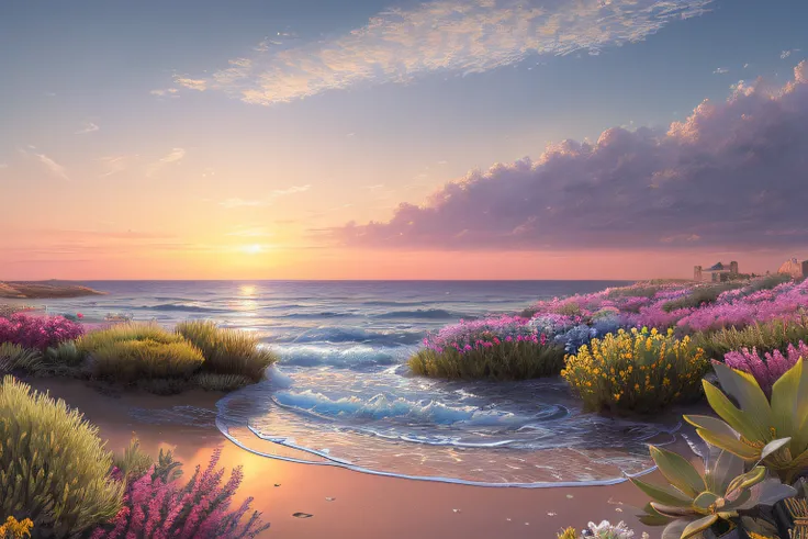 paysage mer, Eau,coucher du soleil,fleurs,(Highly detailed CG Unit 8k wallpaper), The most beautiful work of art in the world, Professional majestic oil painting, complexe, High detail, mise au point nette, dramatique, Art of photorealist painting,