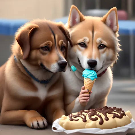 Un perro peludo comiendo un helado sentado en un culumpio