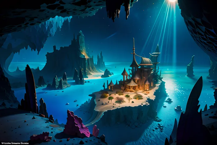 desert-islands, (from above:1.2), dark fantasy and mystical atmosphere, crystal starry sky, forbidden place, only moonlighting, underwater cave, shipwreck, amazing background detail, extremely detailed magazine quality photograph, expert precision includin...