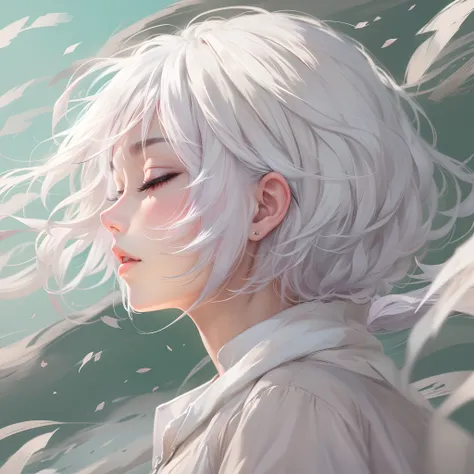 Anime, 1girl, face of a beautiful girl, in profile, closing her eyes, her short white hair flowing in the wind,