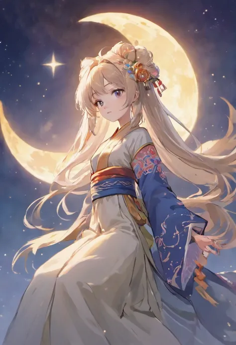 Long-haired goddess in Hanfu,edgBunny(Moon rabbit),Bright full moon,The image of an ancient Chinese goddess, Clear full moon,(Change fairy),(mid-autumn festival),Soft moonlight,young goddess, Photoquality,A detailed face,A detailed face,Quiet moonlight