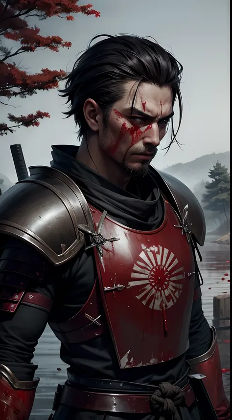 masterpiece, best quality, wallpaper, gorgeous, full body, walking, 1man, (samurai), ((blood)), grass, battleground, battlefield, destruction, death, epic, badass, monocromatic, red, fog, cinematic, cool, goatee, solo, alone, solitary, scary, sad, emotions...