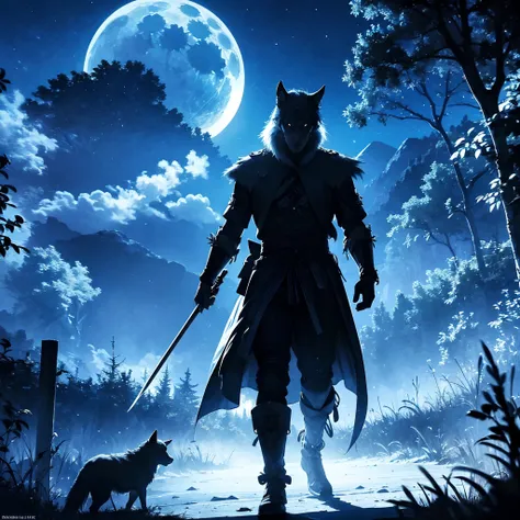 blue samurai, ghost, walking with a wolf in a haunted village, night sky, full moon, realistic, full hd, best quality