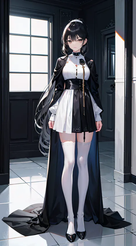 Black hair girl with black eyes, Wearing a white suit and black cape, Standing in the doorway. she has a ponytail，Long hair ran down his back. She finished her dress with white stockings and black ankle boots. 

The image should be of the best quality, The...