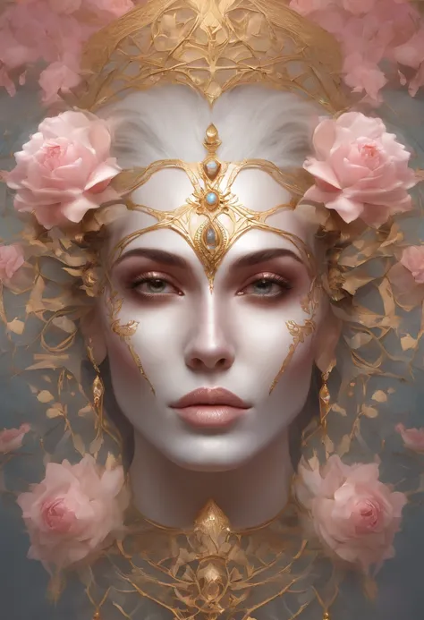 (symmetry:1.1) (portrait of floral:1.05) a cracked white moldy skull as a beautiful goddess, (assassins creed style:0.8), pink and gold and opal color scheme, beautiful intricate filegrid facepaint, intricate, elegant, highly detailed, digital painting, ar...