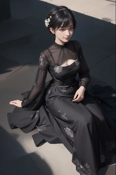 ((Best Quality))), (8K picture quality), ((masutepiece)), (Very sophisticated、Beautiful fece), (wearing dresses) , (1womanl), (Black shorthair), ((Bright dresses)), with floral pattern, Silk Fabric, 电影灯光, Gentle expression, (A slight smil:1.3), ((lightand ...