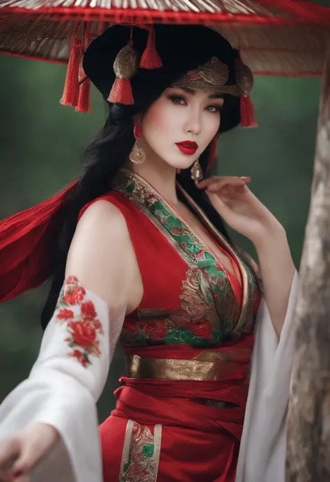 Mittelalter Setting. A woman with black hair and occasionally with shiny red strands. Sie hat intensive, green eyes. Wears a red, white kimono and wears black leather leggings