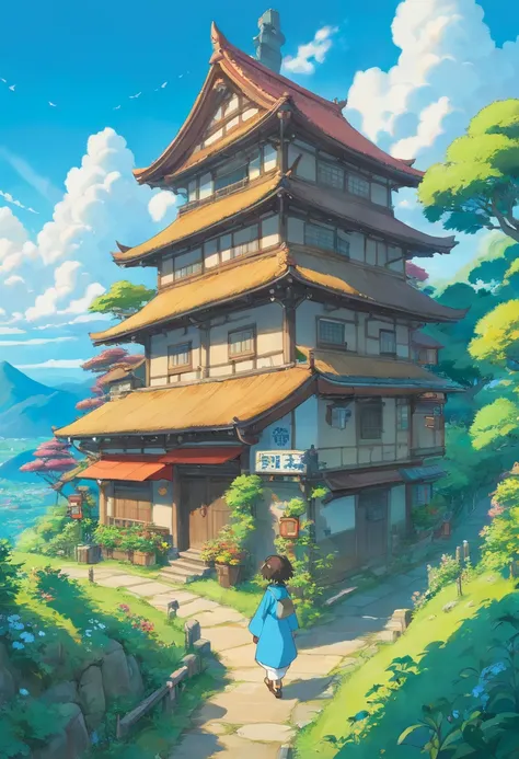 Casas rurales japonesas, Real anime costume design, Viaje de Chihiro, Totoro. detallado, colorido, cielo azul con dragon blanco volando