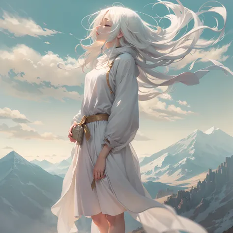 Anime, 1 girl, full body of a beautiful girl, in profile, closing her eyes, her short white hair flowing in the wind, standing on the top of the mountain with her arms open, the wind blowing behind her, golden ratio composition , the vanishing point above ...