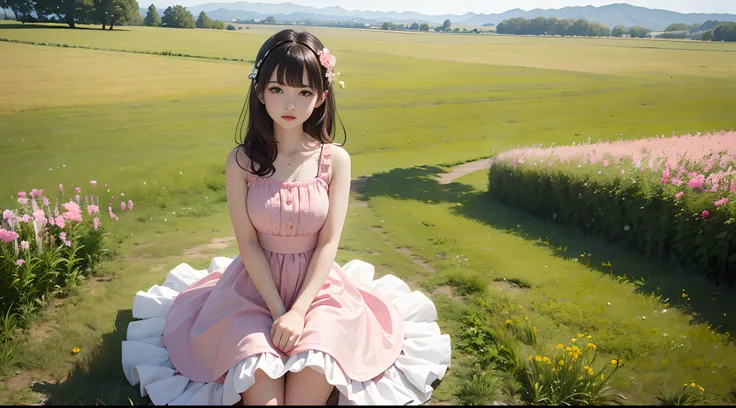 masterpiece,best quality, 1girl, cowboy shot, pink sleeveless dress ,white shoes,detailing, bangs, grass, in a field,