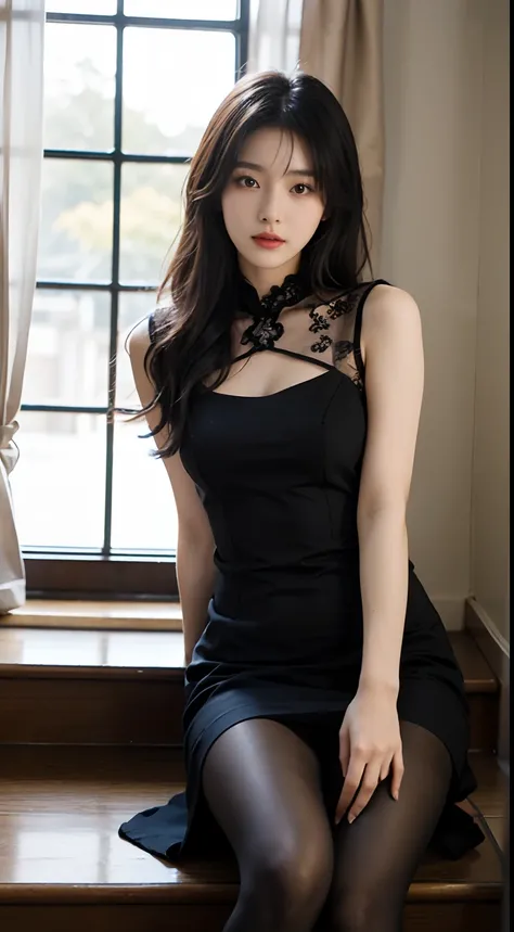 (8K,tmasterpiece,RAW photos,best qualtiy,the detail:1.2),Korean female model，Height 175 cm，perfect bodies，Long legs，wavy and long hair，Arad woman in black dress and high heels poses on stairs, Sexy dress, Gorgeous young Korean woman, beautiful Korean women...