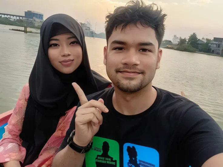 there is a man and woman sitting on a boat in the water, lovely couple, facebook post, in love selfie, photo taken in 2 0 2 0, in lake, during sunset, happy couple, candid picture, selfie photo, 8k selfie photograph, connected with hanging bridge!!, portai...