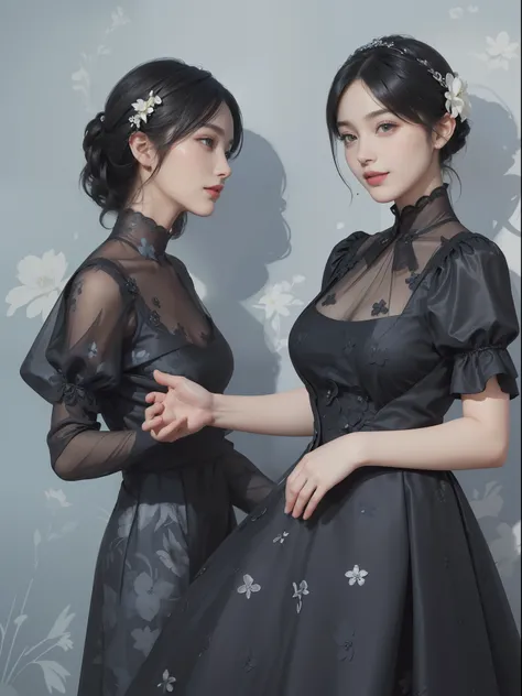 ((Best Quality))), (8K picture quality), ((Masterpiece)), (Very sophisticated、Beautiful fece), (wearing dresses) , (1womanl), (black-short-hair), ((Bright dresses)), with floral pattern, Blue silk fabric, 电影灯光, Gentle facial expressions, (A slight smil:1.3...