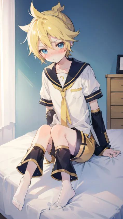 one boy, kagamine len, sailor uniform, short pants, sitting on bed, (blush), cowlick, cool, handsome, (embarrassed)