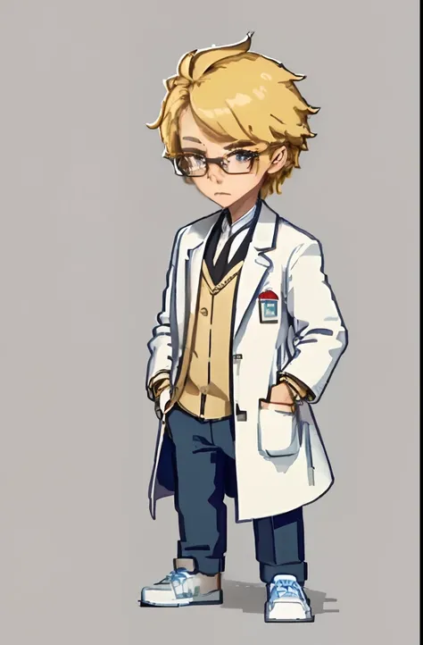 ember, full body figure, professor, in a doctors white coat, eyeglasses, Disheveled blonde hair, Frowning, touches the glasses with his hand, sneakers on the feet, Chibi style, in trousers