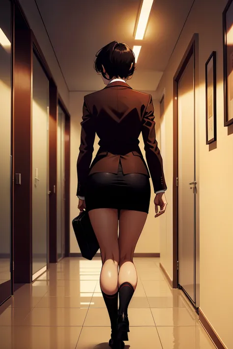 backside view, woman, short black hair, wearing a brown office jacket, red tie, brown office skirt, walking, no background,