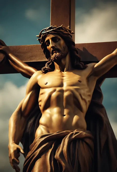 Jesus Cristo crucificado com olhar de sofrimento, imagem realista em 4k