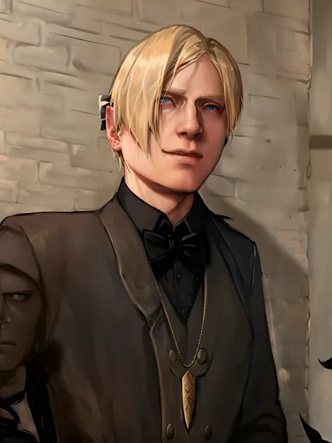 blond man in a black shirt and bow tie standing in front of a brick wall, twitch streamer / gamer ludwig, taken in the early 2020s, felix englund, headshot profile picture, similar to malfoy, taken in the late 2010s, professional picture, profile picture 1...