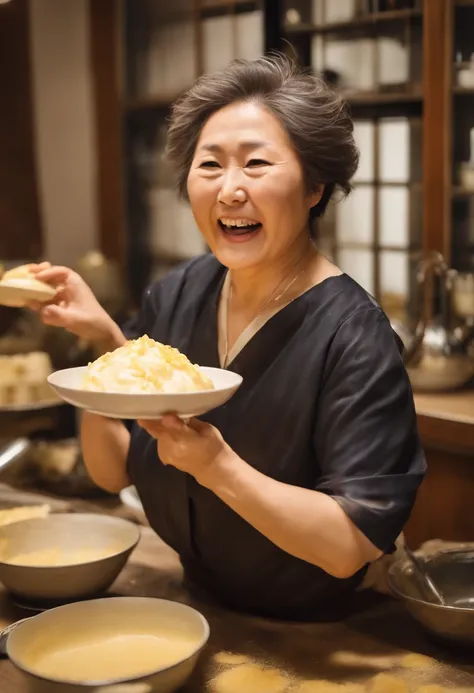 middle-aged Japanese women, mature, slightly chubby, having custard pie fight, having cream pie fight, messy