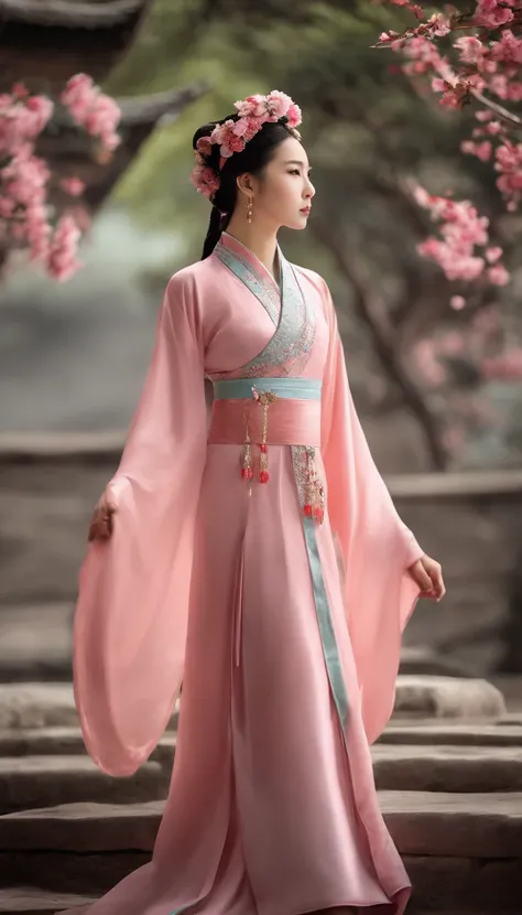 araffe woman in a pink dress with a flower crown on her head, a colorized photo inspired by Lan Ying, trending on cg society, realism, hanfu, palace ， a girl in hanfu, ancient chinese princess, a beautiful fantasy empress, ancient china art style, ancient ...