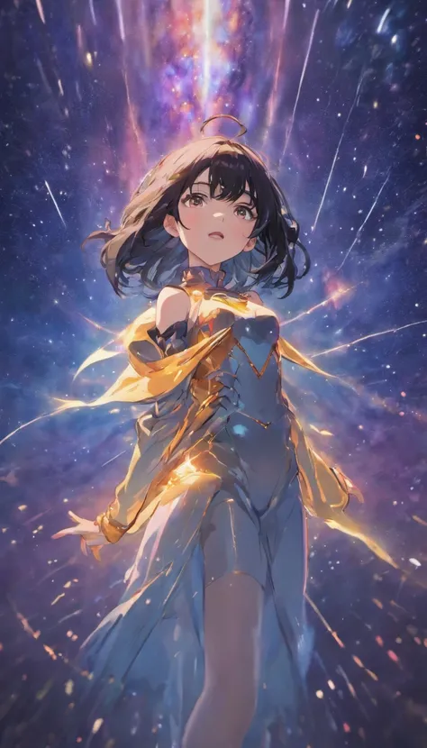 , Portrait of a young woman with black hair in zero gravity, Set against the backdrop of the Milky Way and supermassive black holes, god light, Sparkle, Glowing light，Large breasts，cleavage