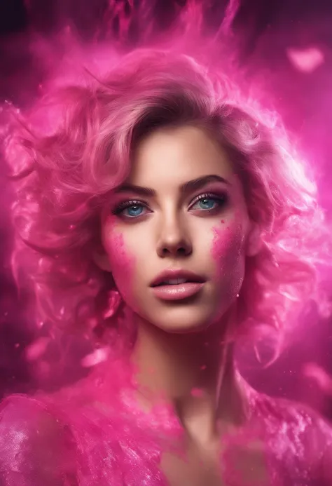 a major pink effect portrait of a woman, beautiful pink splash, dynamic effects, absurdness, colorful sparks of love, romantic splash and sensual vibe, beautiful lady abstract artwork, amazing lighting and pink watery effects, the theme signifies sexual gr...