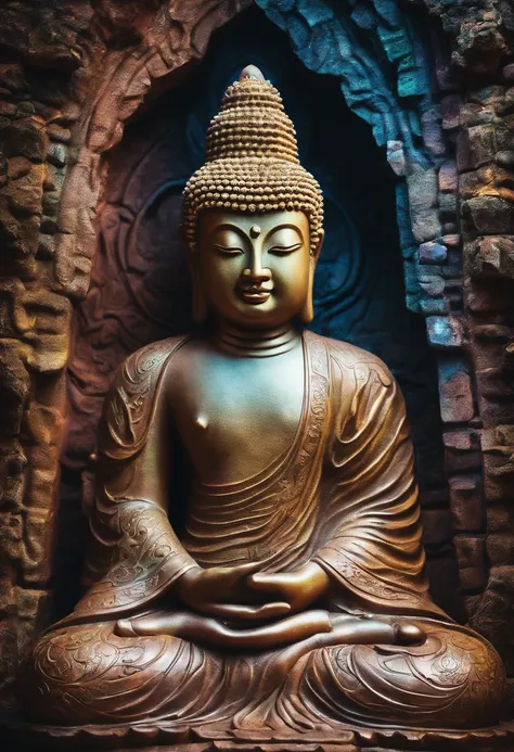 BUDDHA STATUE, stone, Texture, Tall, Majestic, The background is illuminated by sunlight