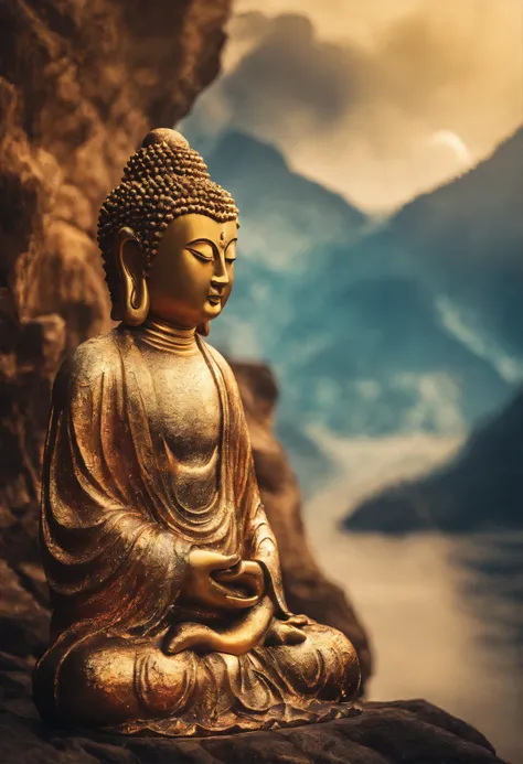 BUDDHA STATUE, stone, Texture, Tall, Majestic, The background is illuminated by sunlight