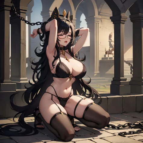 Mature woman, long curly hair, glasses, underwear, black hair, black bra, chained by goblins, chained wrists, ancient pyramid, goblins, moaning, tortured, armpits, large breasts, closed eyes, long shot, tempting, full body