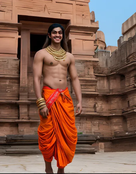 A young hindu Indian clean shaved boy wearing orange dhoti, long hair, smile on face, having bow and arrow, very realistic and handsome, near the golden fort, muscular body, tilak on forehead, ,