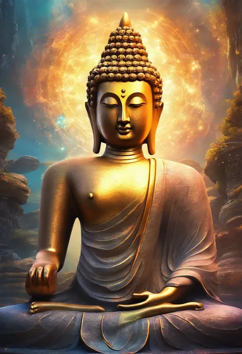 BUDDHA STATUE, stone, Texture, Tall, Majestic, The background is illuminated by sunlight，inverted image