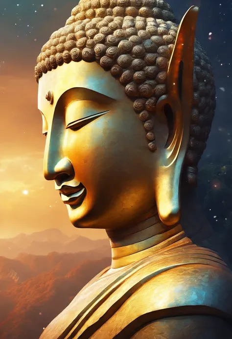 BUDDHA STATUE, stone, Texture, Tall, Majestic, The background is illuminated by sunlight，inverted image，Lateral face