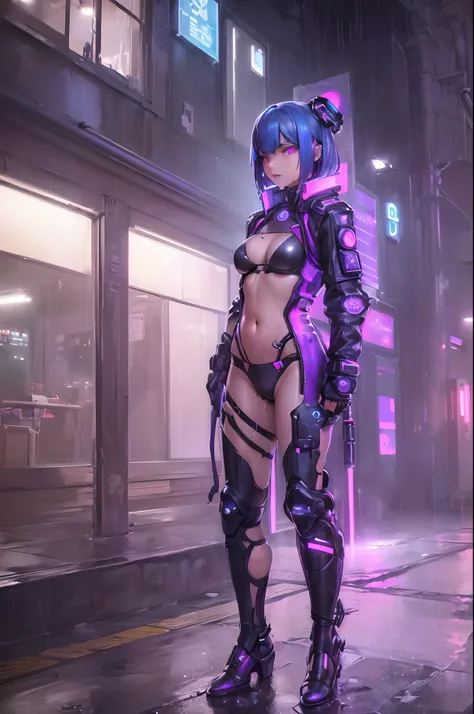 Woman, (against the backdrop of a cyberpunk city:1.3), (swimsuit:1.3), (small breasts:1.4), (flat chest:1.3), (dim lighting:1.3), (detailed hair:1.3), (bob haircut:1.3), (blue hair:1.3), (highly detailed:1.3), (glowing purple eyes:1.4), (detailed face and ...