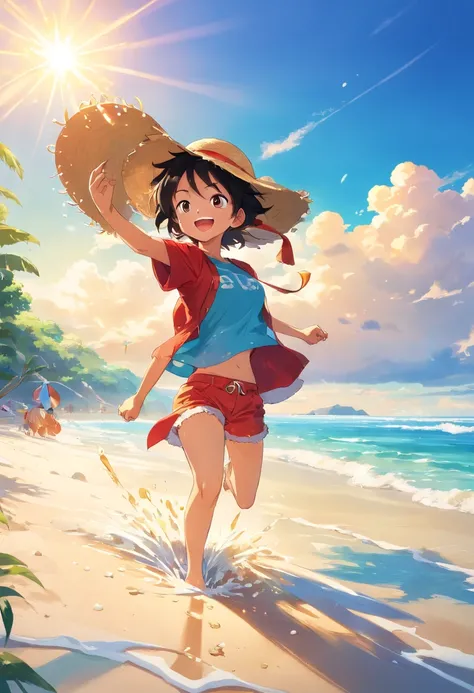 (beautiful beaches),(Clear blue sky),(Golden sand),(calm ocean),(Happy Luffy),(playing in water),(Straw hat),(Red T-shirt),(bright sun),(Dynamic camera angle),(Sparkling water),(Vibrant colors)